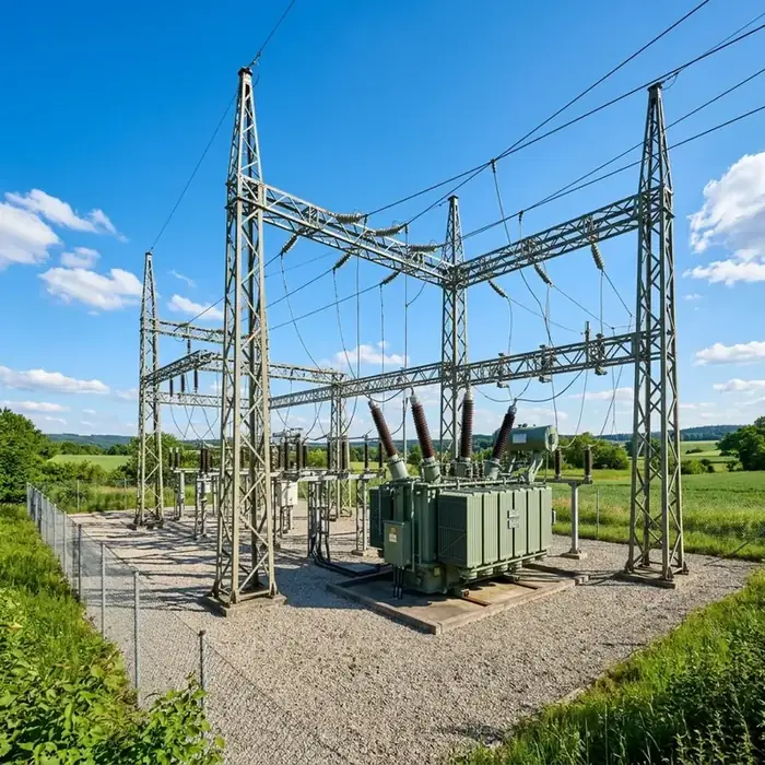 Umspannwerk mit Transformator und Gittermasten bei Tageslicht als Netzverknüpfungspunkt